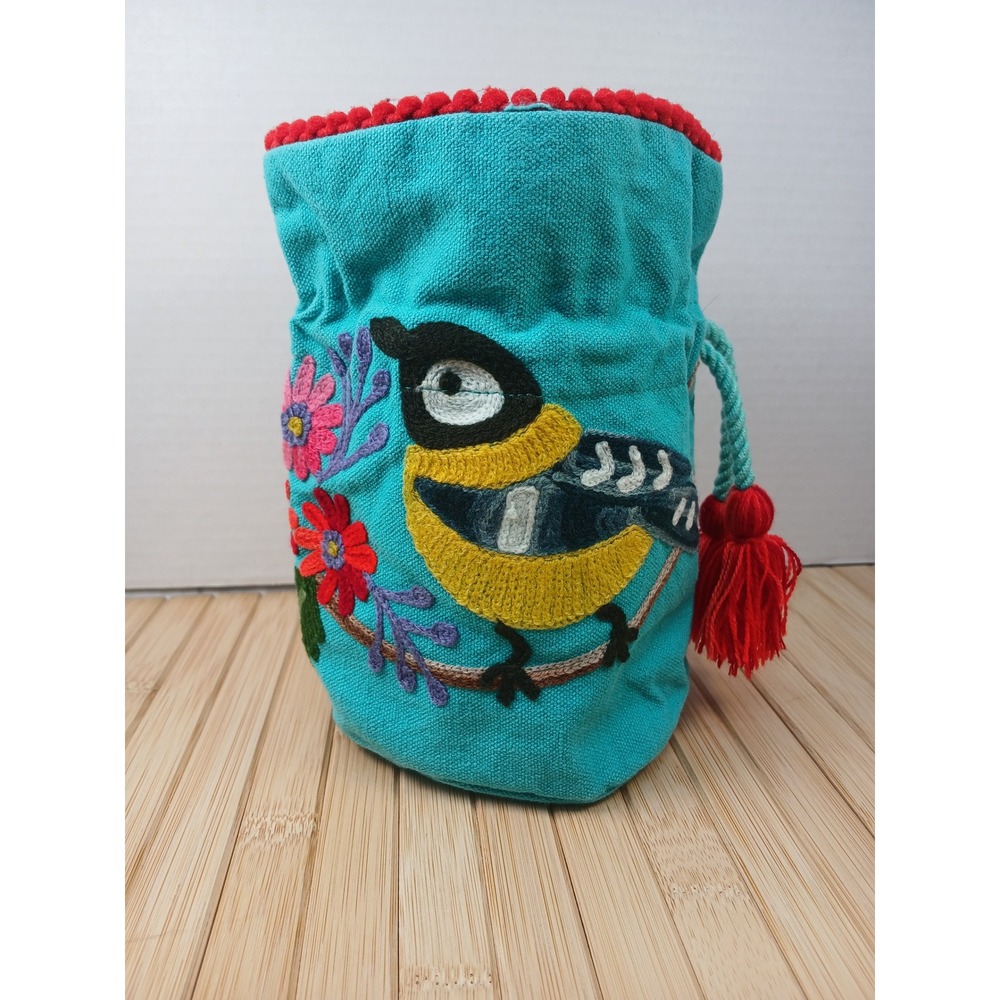 Embroidered Bird and Floral Cotton Drawstring Pouch Bag with Tassels Turquoise